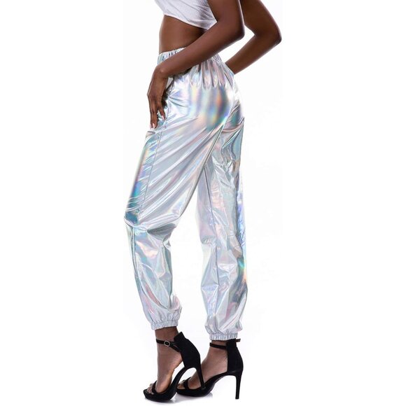 Womens Shiny Metallic Stretchy Pants Club Wear Holographic Trousers Sweat pant - Picture 2 of 5